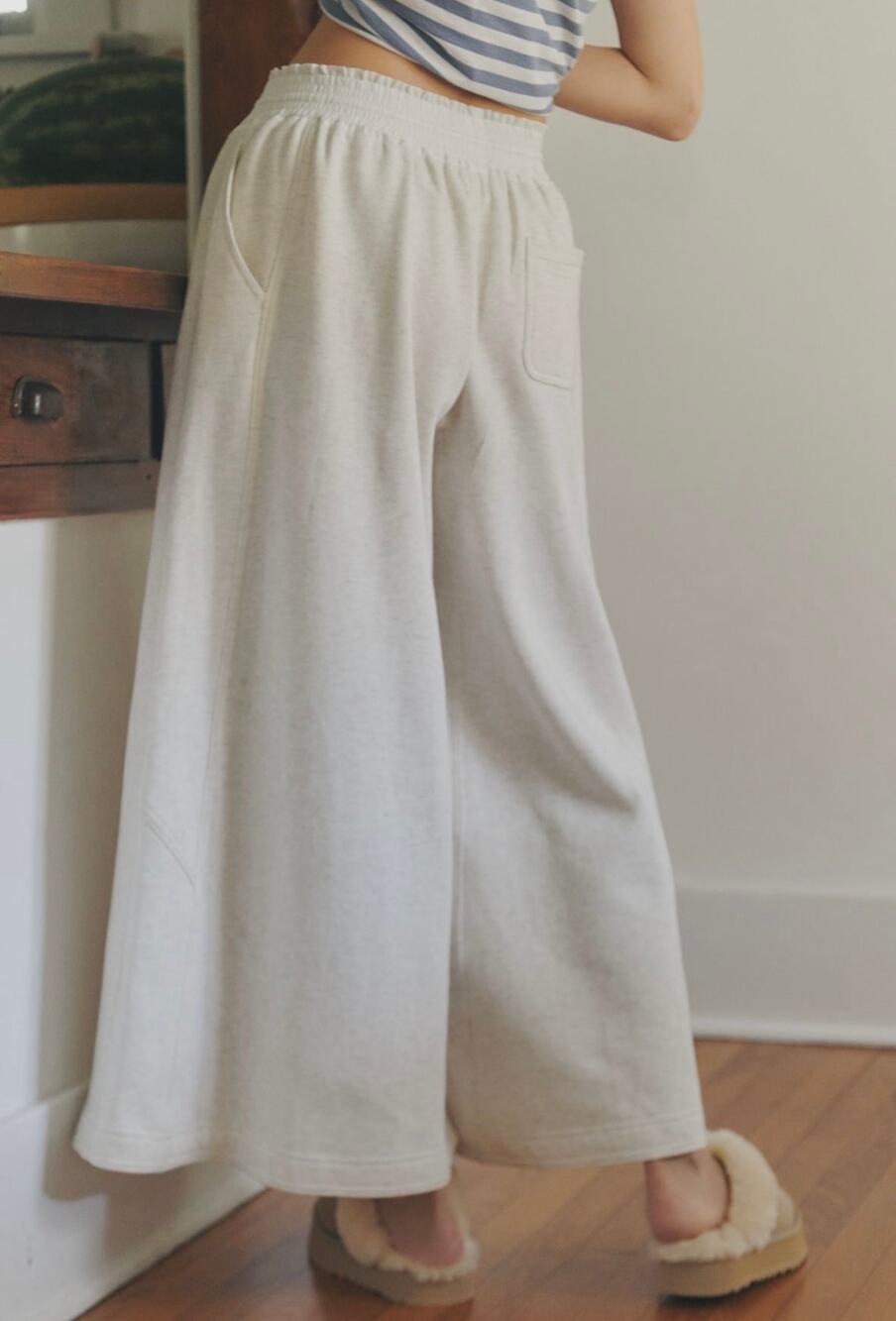 Daily Practice Knit Super Wide Leg Pants Lounge Pants in Oatmeal, Small NWOT